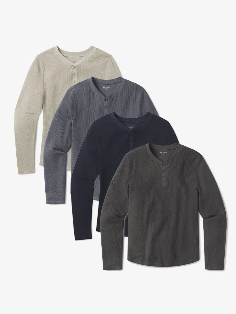 Cotton Waffle Curved Hem Henley 4-Pack