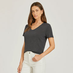 Relaxed Linen Blend V-Neck Tee